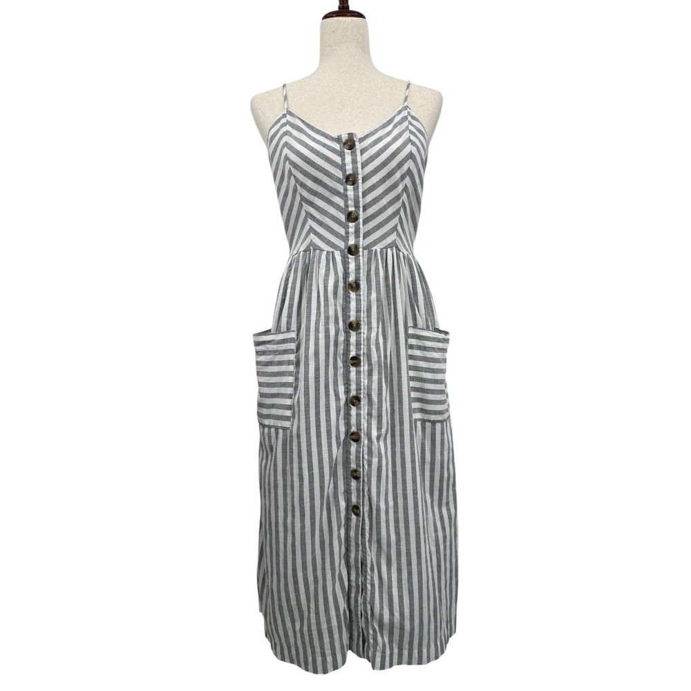 American Eagle Sleeveless Midi Dress Gray & White Stripe Button Front Size Large